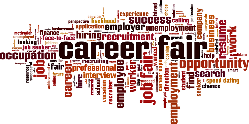 Career fair text with numerous other words related to career fairs surrounding it