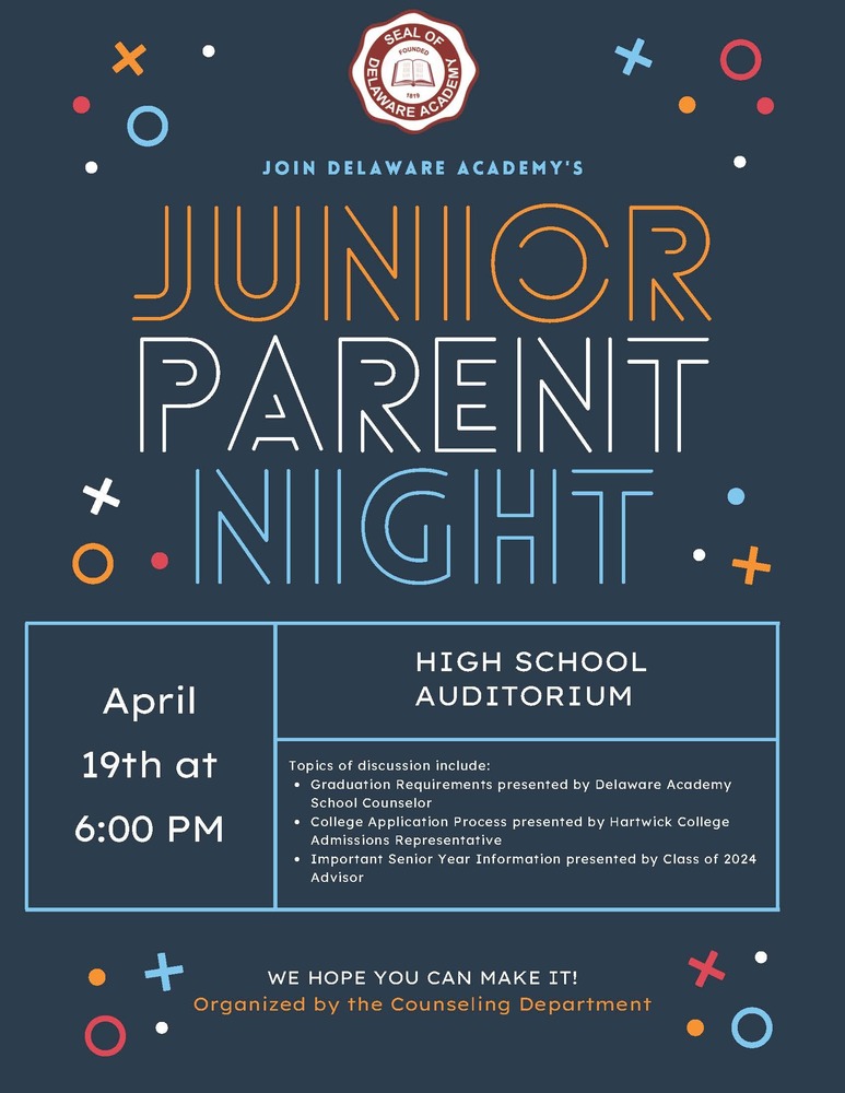 Junior Parent Night Poster which states that parent night will be on April 19 at 6 p.m.