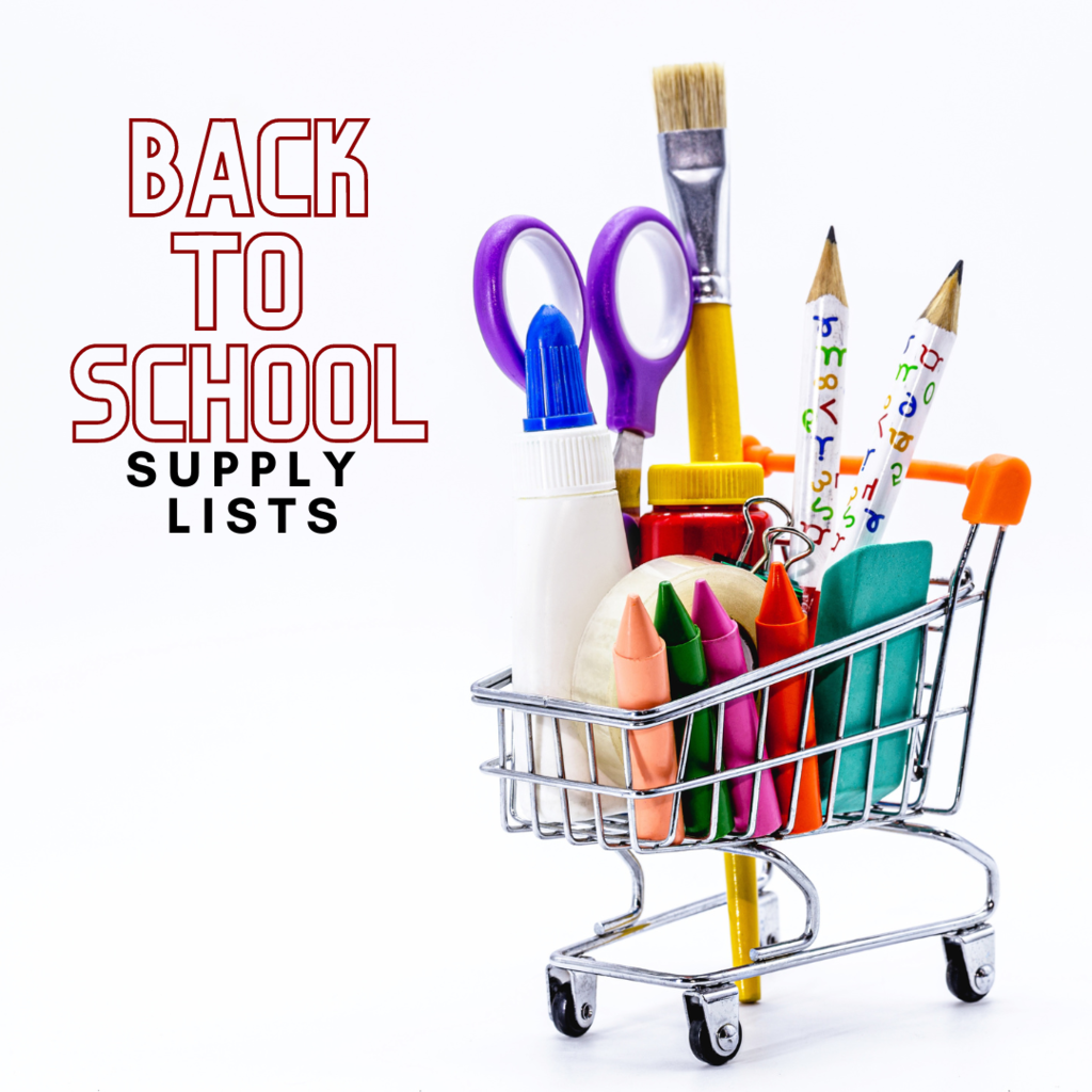 Back to school supply lists shopping cart with supplies